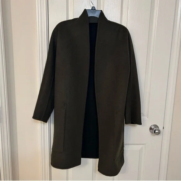 Vince Reversible Collarless Wool Blend Coat in Black/Eden Green Size M